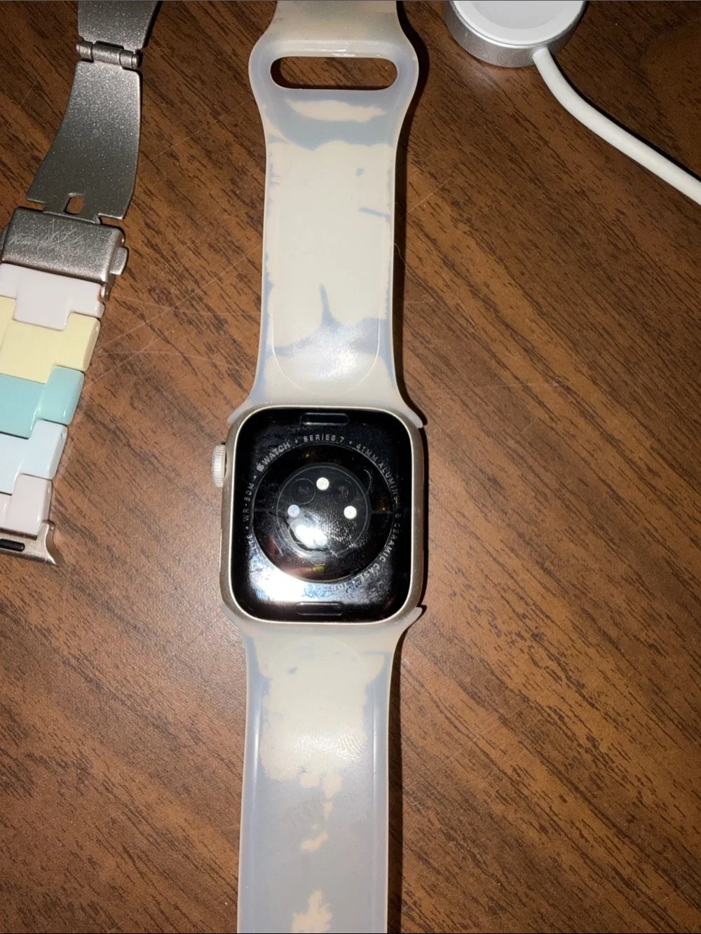 Apple Series 7 Smartwatch with Pastel Link Band and Gray Silicone Strap